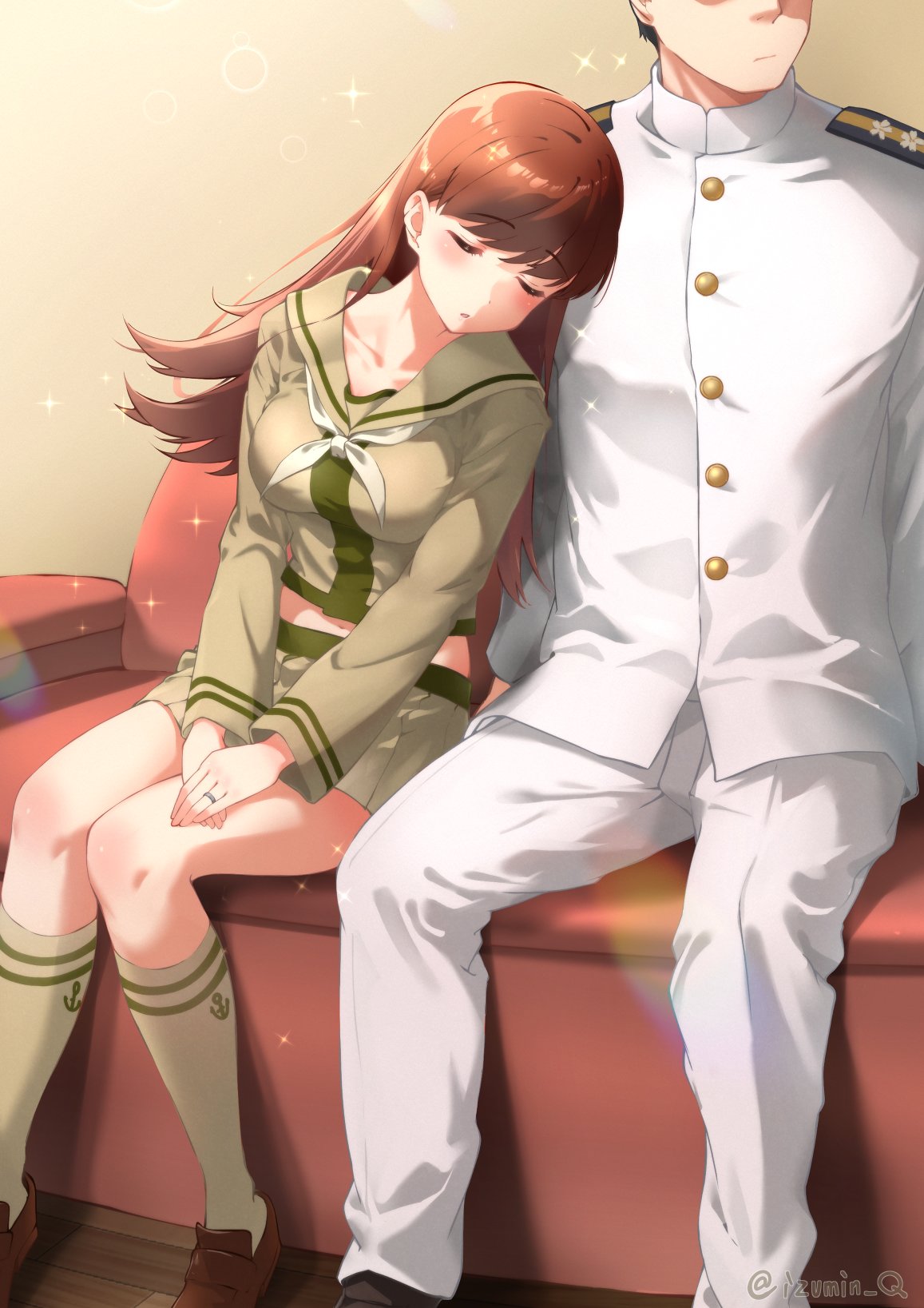1boy, 1girl, admiral_(kancolle), anchor_symbol, blush, breasts, brown_hair, brown_shoes
