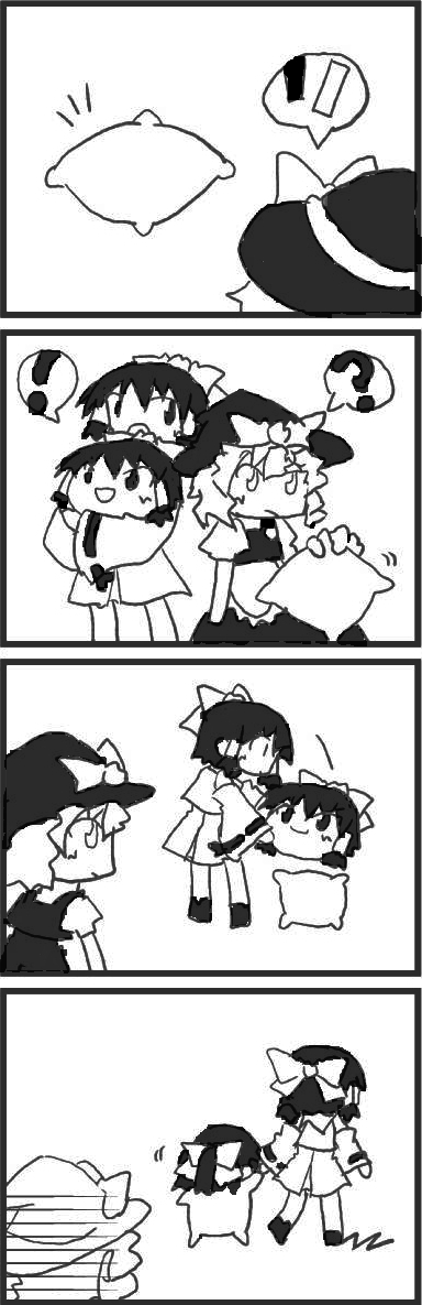 4koma, ?, comic, hakurei_reimu, kirisame_marisa, monochrome, pugyuru, silent_comic