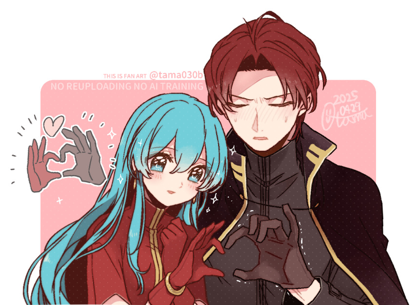 1boy, 1girl, 2025, aqua_eyes, aqua_hair, black_cape, black_gloves, black_shirt