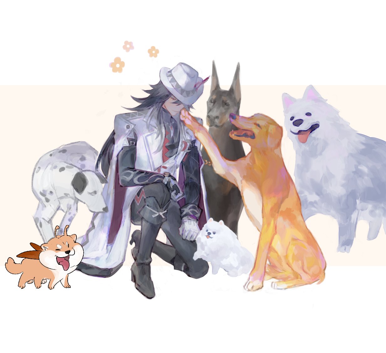 1boy, ashveil_(honkai:_star_rail), baiyinshanguo1, black_hair, black_pants, black_shirt, chinese_commentary, closed_eyes, commentary_request, crescent, crescent_pin, dog, fedora, gloves, gradient_hair, hat, hat_ornament, honkai:_star_rail, honkai_(series), jacket, jewelry, lapel_pin, long_hair, male_focus, multicolored_hair, necklace, on_one_knee, pants, shirt, single_glove, solo, tooth_necklace, turtleneck, white_gloves, white_hair, white_hat, white_jacket