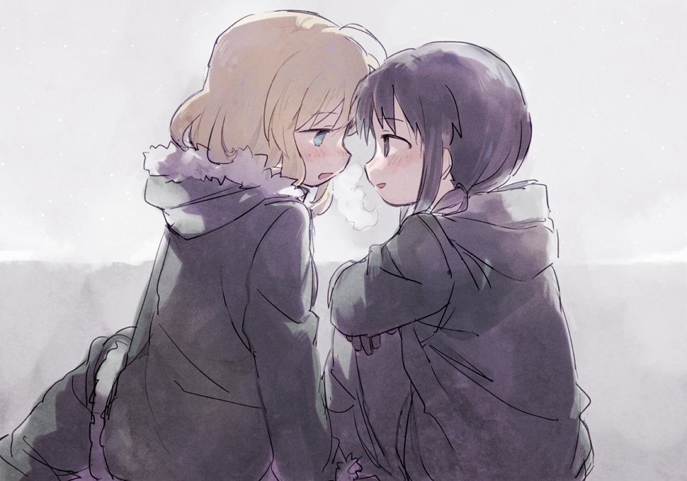 2girls, ahoge, black_gloves, black_hair, blonde_hair, blue_eyes, blush, blush_stickers