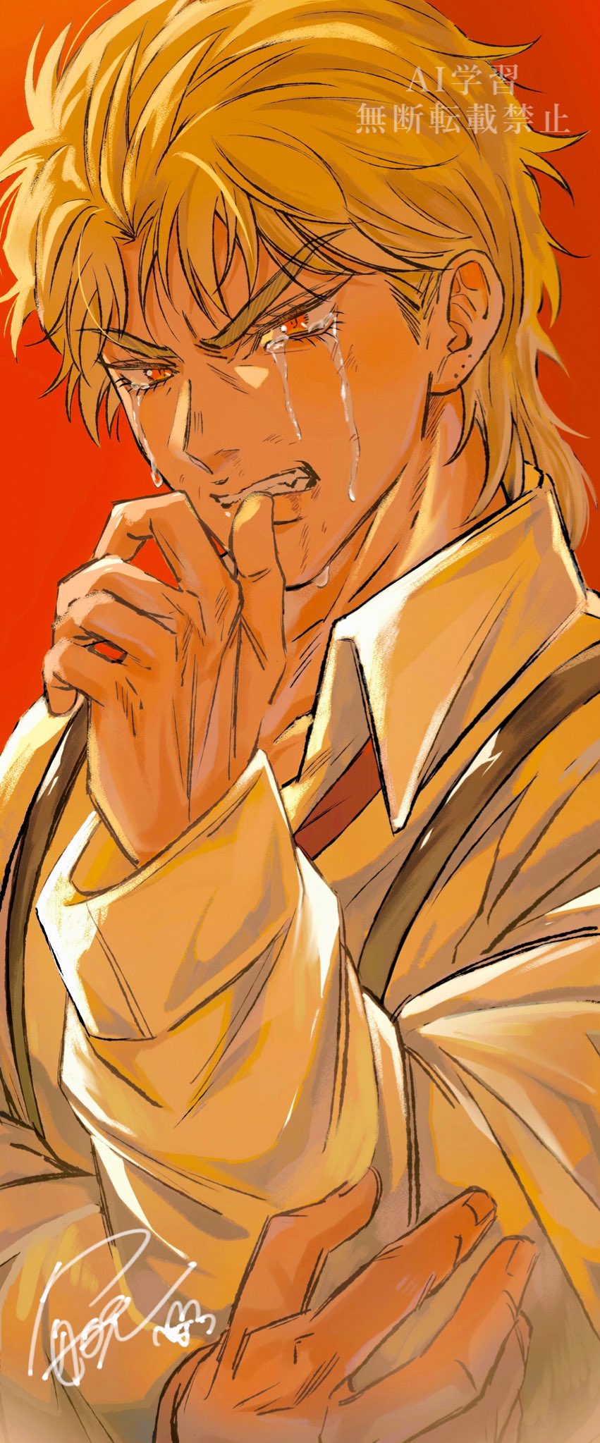1boy, biting, biting_own_thumb, blonde_hair, clenched_teeth, collared_shirt, commentary_request, crying