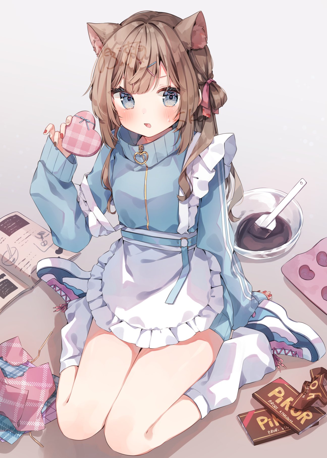 1girl, animal_ear_fluff, animal_ears, apron, arm_at_side, blue_eyes, blue_sleeves, blue_track_suit