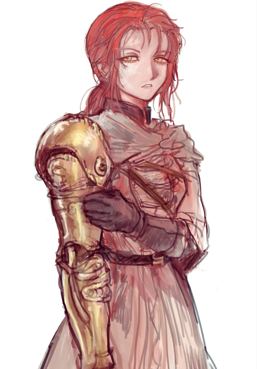 1girl, absurdres, blood, blood_on_clothes, brown_tunic, dress, elden_ring, fromsoftware, gloves, grey_dress, hand_on_own_arm, highres, mechanical_arms, millicent_(elden_ring), parted_lips, ponytail, prosthesis, prosthetic_arm, red_hair, rens0o, short_ponytail, single_mechanical_arm, solo, tunic, white_background, yellow_eyes