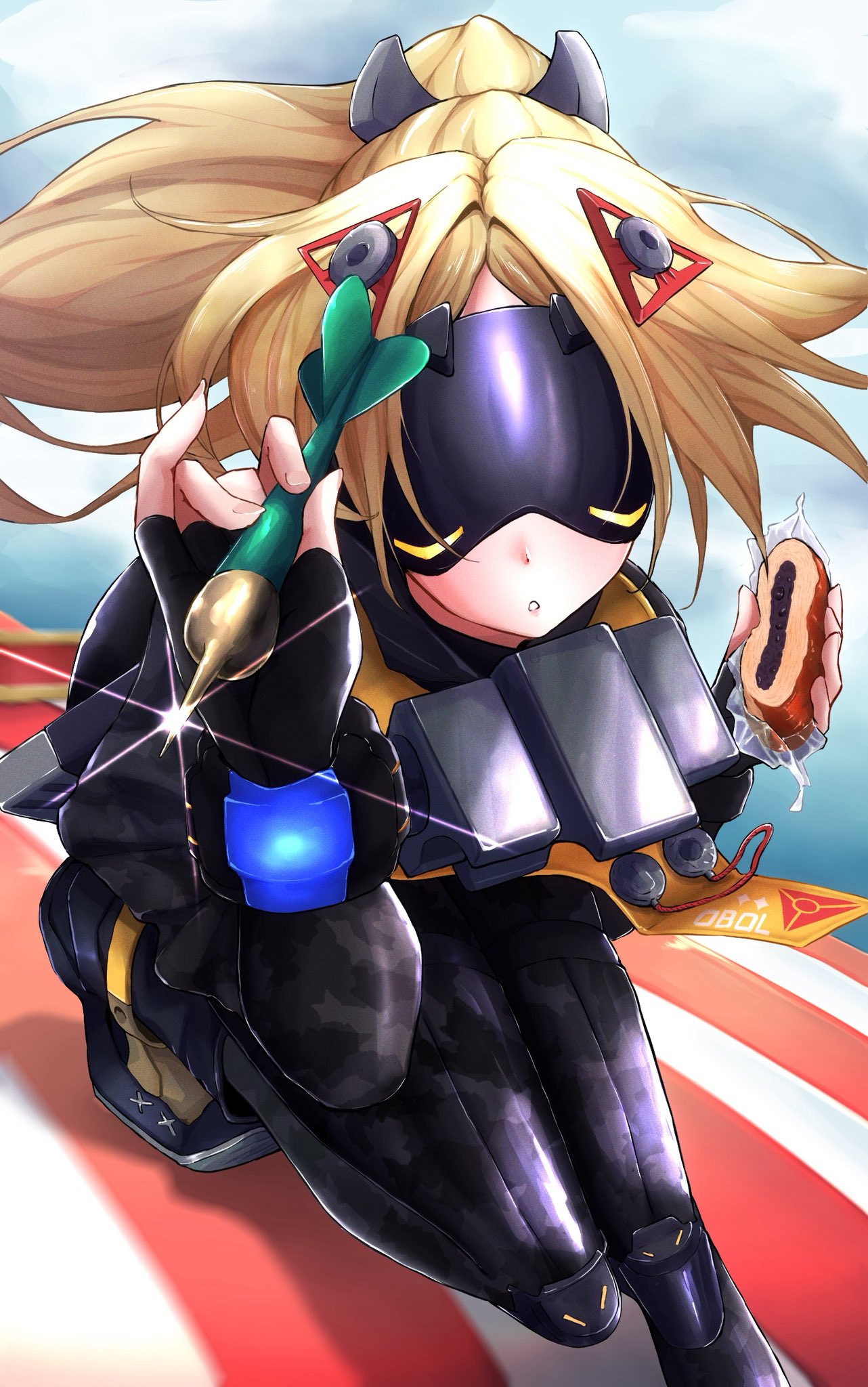 1girl, 2days_wotori, black_gloves, black_pants, blindfold_mask, blonde_hair, blush, camouflage