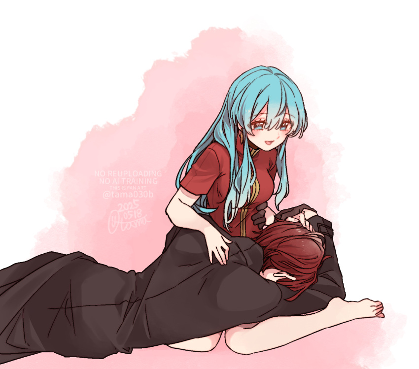1boy, 1girl, 2025, aqua_eyes, aqua_hair, barefoot, black_shirt, blush, breasts, commentary_request, couple, eirika_(fire_emblem), fire_emblem, fire_emblem:_the_sacred_stones, gloves, happy, headpat, hetero, high_collar, highres, lap_pillow, long_hair, long_sleeves, medium_breasts, open_mouth, pink_background, red_gloves, red_hair, red_shirt, sayu030b, seth_(fire_emblem), shirt, short_hair, short_sleeves, sleeping, sleeping_on_person, small_breasts, twitter_username, two-tone_background, watermark, white_background