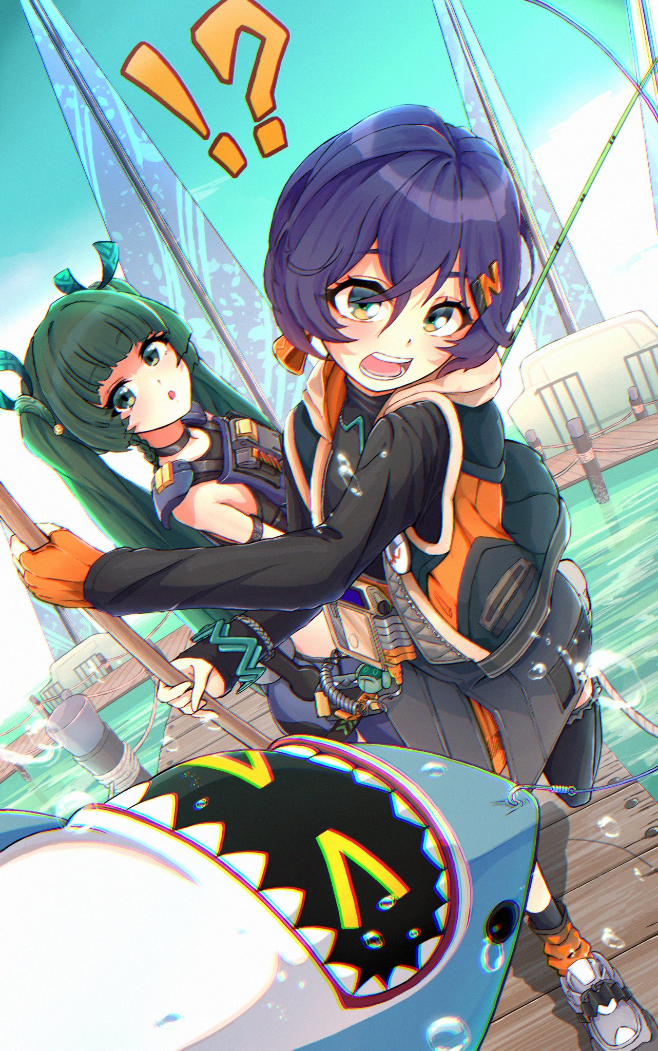 2days_wotori, 2girls, android, bangboo_(zenless_zone_zero), belle_(zenless_zone_zero), black_shirt, blue_hair, blush