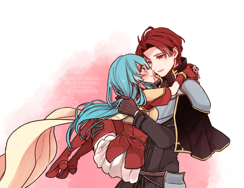 1boy, 1girl, 2025, aqua_eyes, aqua_hair, armor, arms_around_neck, black_capelet