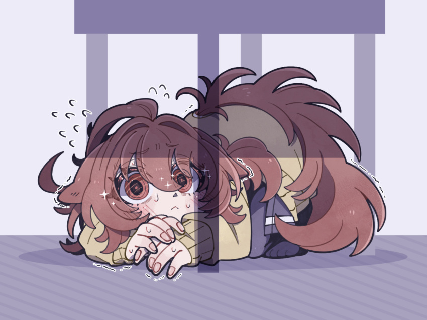 1girl, agnes_tachyon_(umamusume), animal_ears, blush, brown_eyes, brown_hair, cardigan, closed_mouth, commentary_request, flying_sweatdrops, horse_ears, horse_girl, horse_tail, long_hair, long_sleeves, looking_at_viewer, messy_hair, nervous_sweating, pantyhose, red_eyes, skirt, solo, sweat, sweater, tail, torasigure, trembling, umamusume, very_long_hair, yellow_cardigan, yellow_sweater