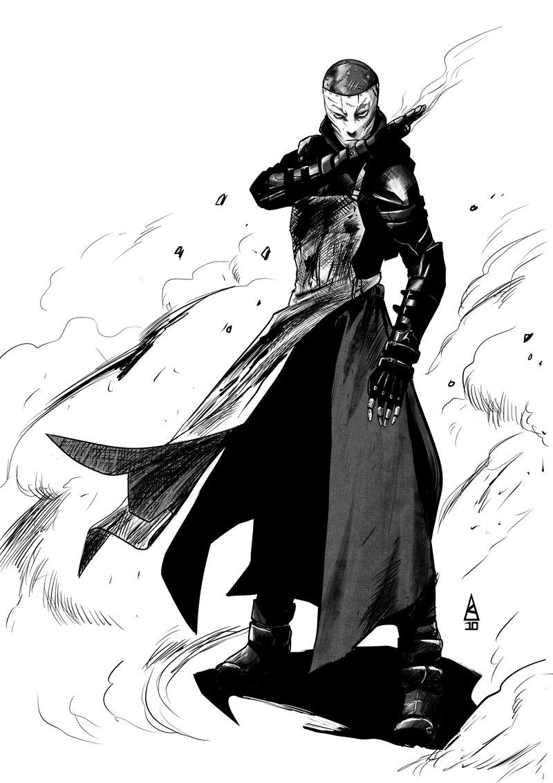 1boy, apron, biomega, blood, botonet, cyborg, fighting_stance, frown, full_body, gauntlets, greyscale, hatching_(texture), inspector_(biomega), linear_hatching, long_coat, mask, monochrome, no_pupils, smoke, white_apron, white_mask