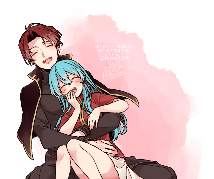1boy, 1girl, 2025, aqua_hair, black_capelet, black_shirt, blush, breasts