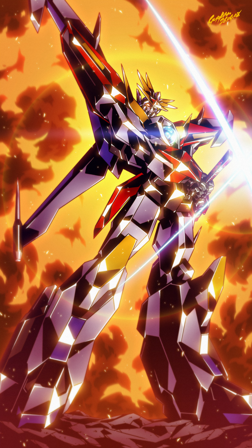 babamba, clenched_hands, commentary_request, da-garn_x, densetsu_no_yuusha_da-garn, explosion, full_body, glint