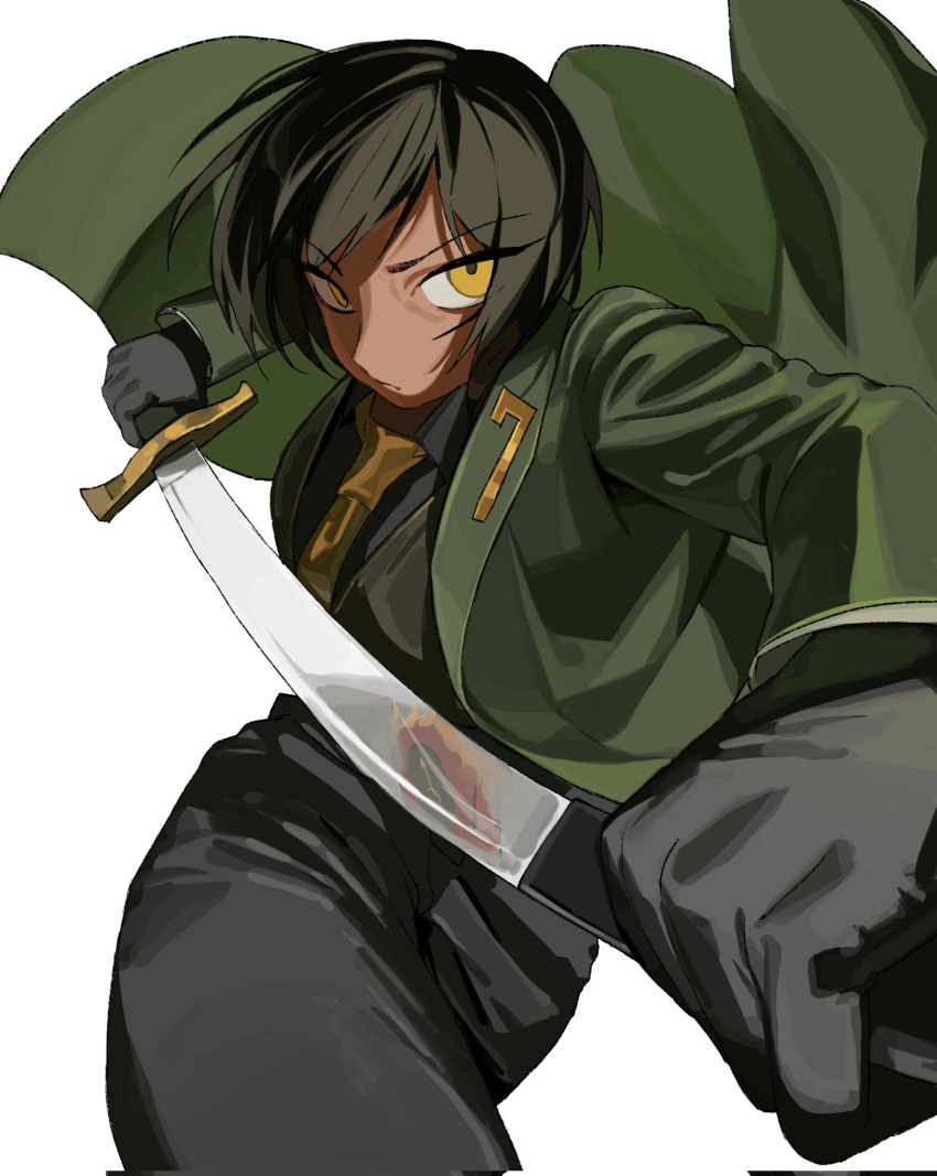 1girl, black_gloves, black_hair, black_shirt, breasts, brown_hair, clock, closed_mouth