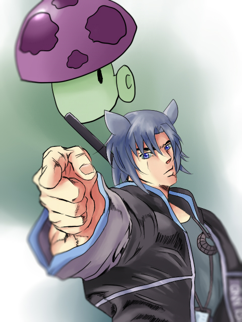 1boy, animal_ears, araki_hirohiko_(style), arknights, blue_eyes, blue_hair, commentary_request, fang_(arknights)