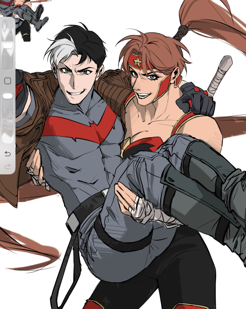 1boy, 1girl, amazon_warrior, artemis_of_bana-mighdall, batman_(series), belt, bodysuit, carrying, dc_comics, highres, jason_todd, multicolored_bodysuit, princess_carry, red_hood_(dc), red_hood_and_the_outlaws, superhero_costume, taut_bodysuit, two-tone_bodysuit, utility_belt, vovanixen46546