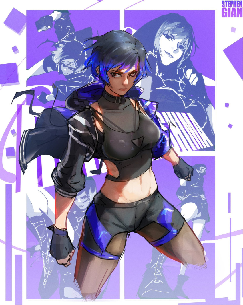 1girl, commentary, fingerless_gloves, gloves, highres, jacket, leg_warmers, multicolored_jacket