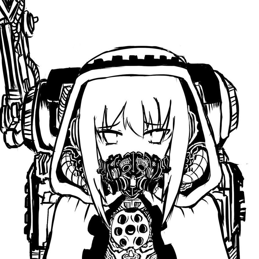 bag, chibi, cloak, invader, invader_(artist), monochrome, simple_background, tech_priest