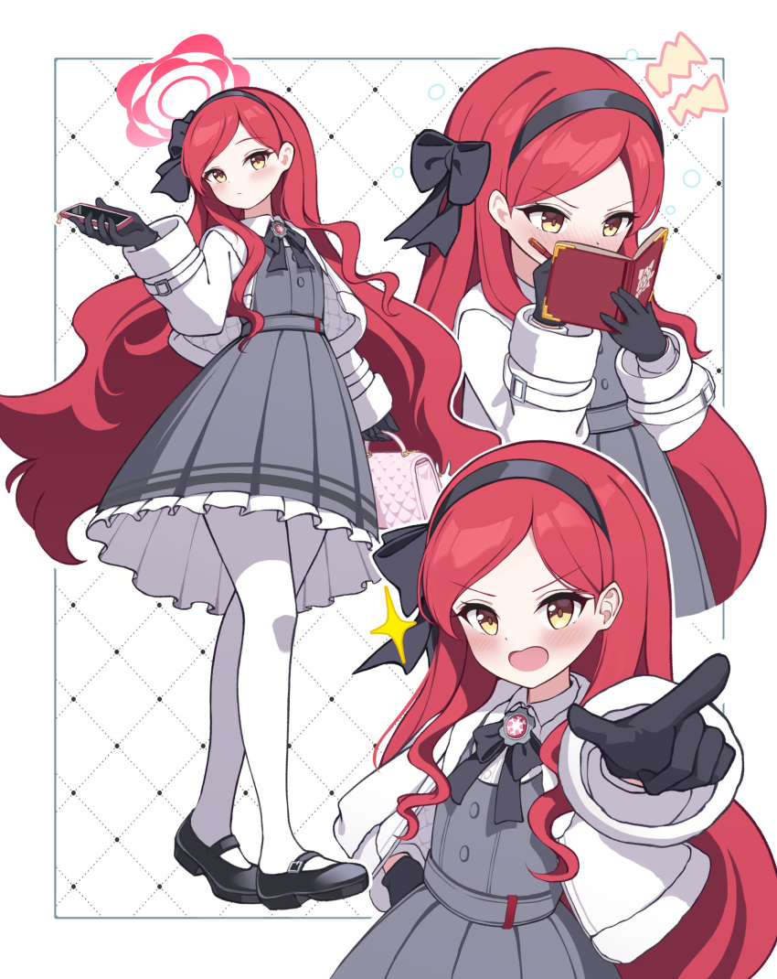 1girl, absurdres, bag, black_bow, black_bowtie, black_gloves, black_hairband, black_shoes