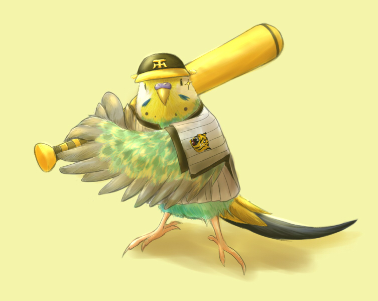 baseball_bat, baseball_uniform, beak, bird, budgerigar, hanshin_tigers, hat, nippon_professional_baseball