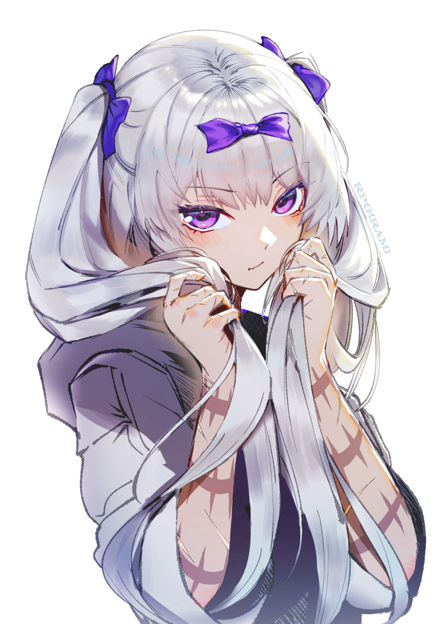 1girl, absurdres, alternate_hairstyle, arm_tattoo, artist_name, bow, commentary, english_commentary