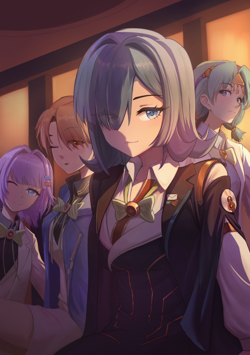 4girls, black_jacket, blue_eyes, blue_hair, blue_jacket, bow, bowtie, breasts