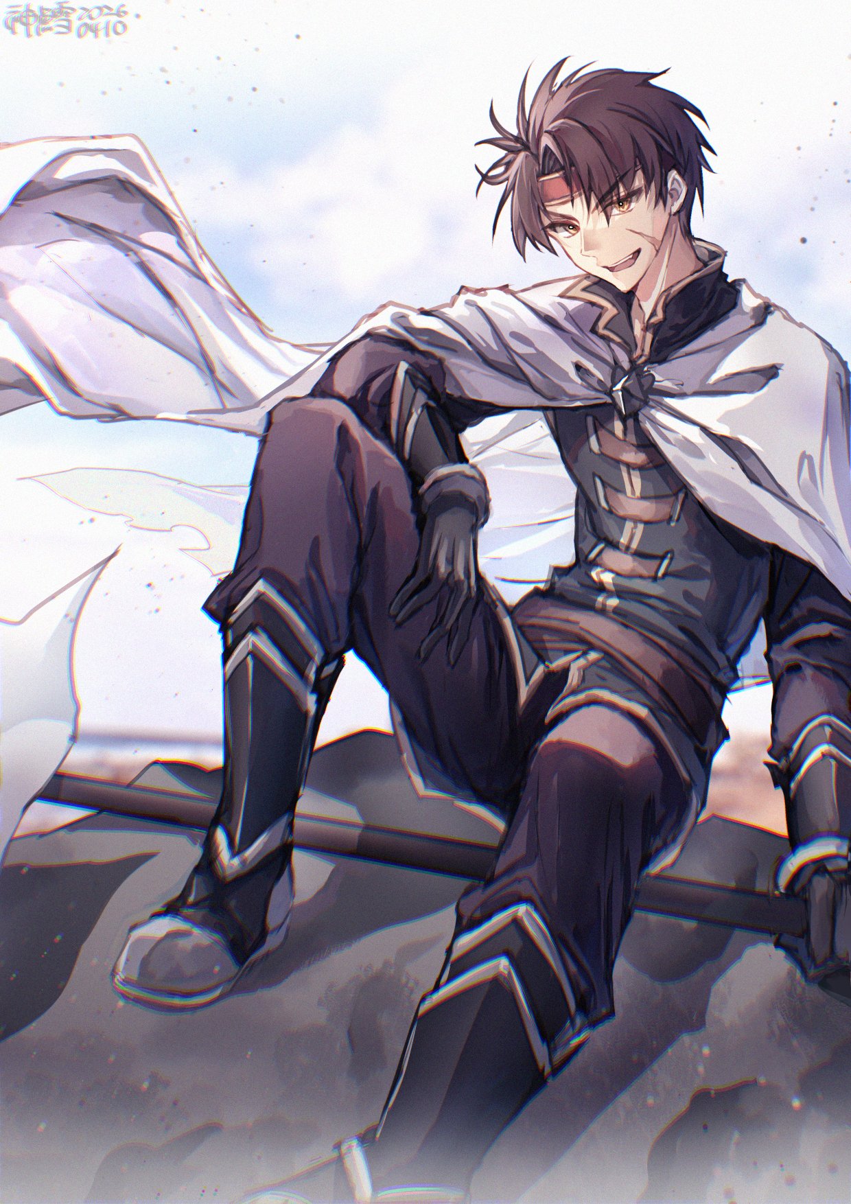 1boy, artist_name, brown_hair, cape, commentary_request, curtained_hair, dated, geis_(ys)