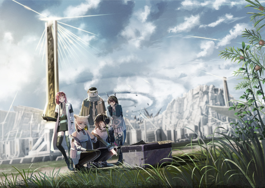 1boy, 4girls, andre_(arknights), animal_ears, arknights, arknights:_endfield, bare_shoulders, bird_ears, bird_girl, black_boots, black_hair, black_jacket, black_pantyhose, black_shirt, black_shoes, black_skirt, black_thighhighs, blonde_hair, blue_eyes, blue_jacket, boots, brown_eyes, chen_qianyu_(arknights), chinese_commentary, clouds, cloudy_sky, coat, commentary_request, dragon_girl, dragon_horns, dragon_tail, dress, endministrator_(arknights), female_endministrator_(arknights), gloves, green_eyes, grey_necktie, grey_scarf, grin, high-waist_skirt, high_heels, highres, horns, industrial, jacket, long_hair, miniskirt, multiple_girls, necktie, open_clothes, open_coat, open_mouth, pantyhose, pencil_skirt, perlica_(arknights), pleated_skirt, pointy_ears, qin_jiangchi_(arknights), red_hair, scarf, scenery, shirt, shoes, short_hair, skirt, sky, sleeveless, sleeveless_dress, smile, squatting, sweater, tail, thigh-highs, thigh_boots, turtleneck, turtleneck_shirt, turtleneck_sweater, wayuzz99, white_coat, white_dress, white_shirt, white_skirt, white_sweater, yellow_gloves, yellow_jacket