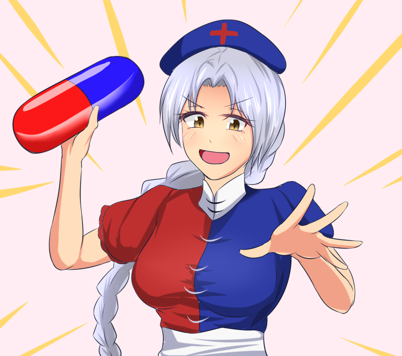 1girl, :d, blue_hat, blush, braid, braided_ponytail, breasts, commentary_request