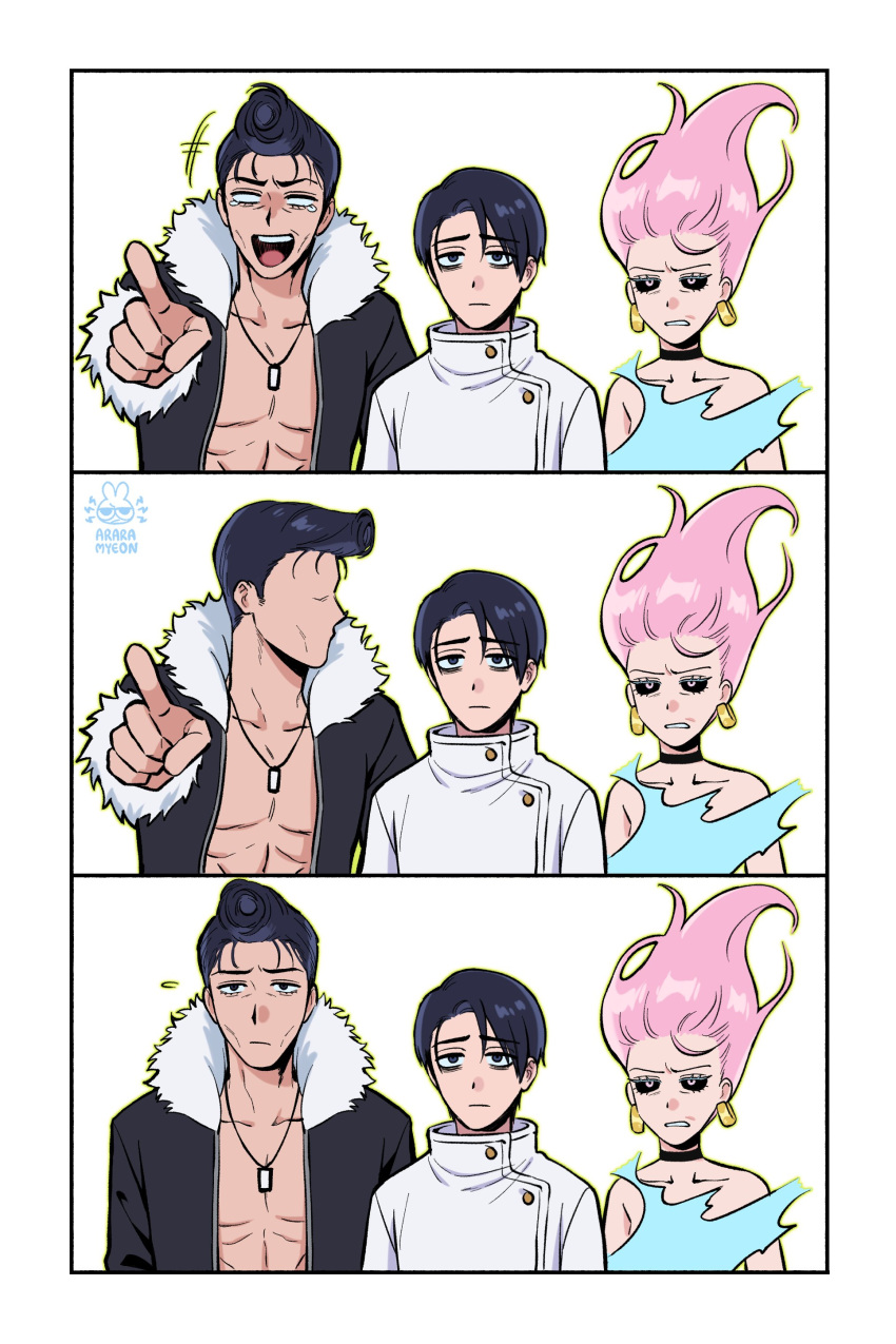 1girl, 2boys, absurdres, araramyeon, black_eyes, black_hair, black_jacket, closed_mouth