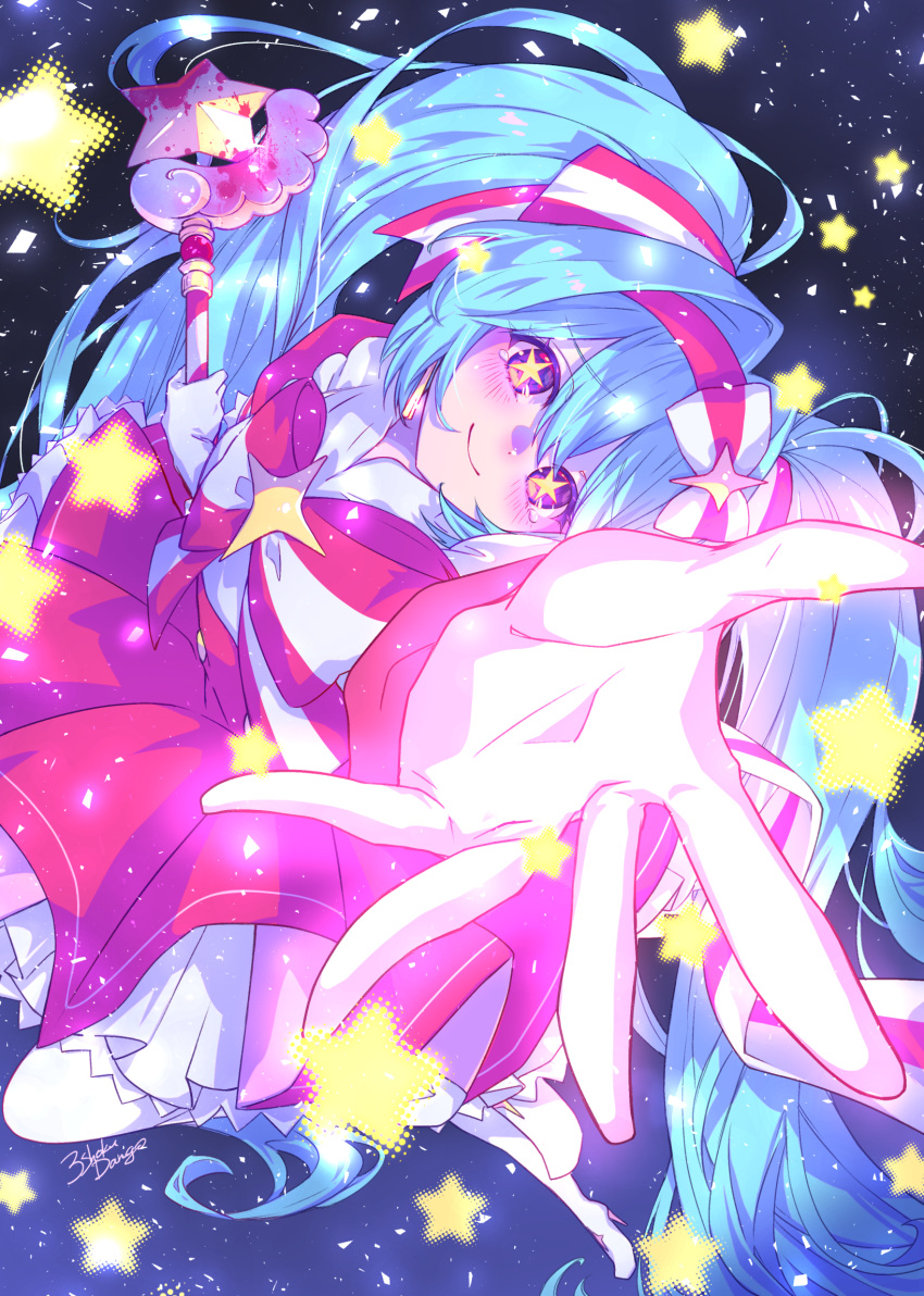1girl, 3sanshokudango3, aqua_eyes, arm_up, closed_mouth, commentary_request, dress, frilled_dress