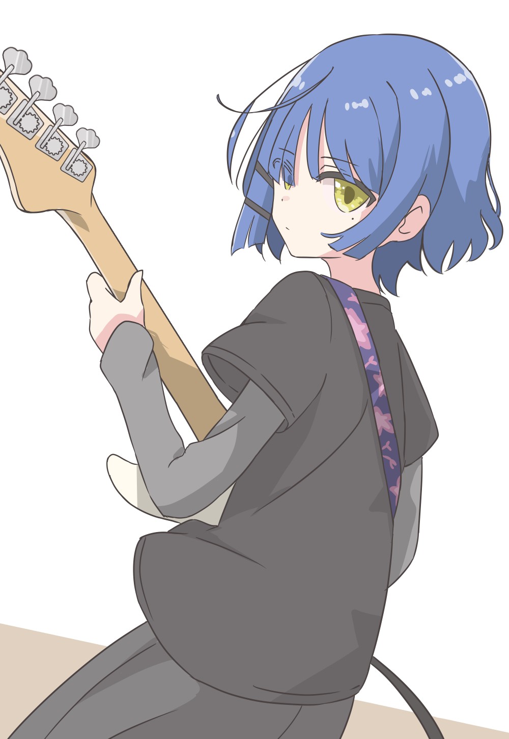 1girl, bass_guitar, black_shirt, black_skirt, blue_hair, bocchi_the_rock!, electric_guitar, gibson_les_paul, grey_skirt, guitar, hair_ornament, hairclip, highres, holding, holding_instrument, instrument, kureijii_saiko, layered_sleeves, long_sleeves, looking_at_viewer, mole, mole_under_eye, music, playing_instrument, shirt, short_hair, short_over_long_sleeves, short_sleeves, skirt, solo, yamada_ryo