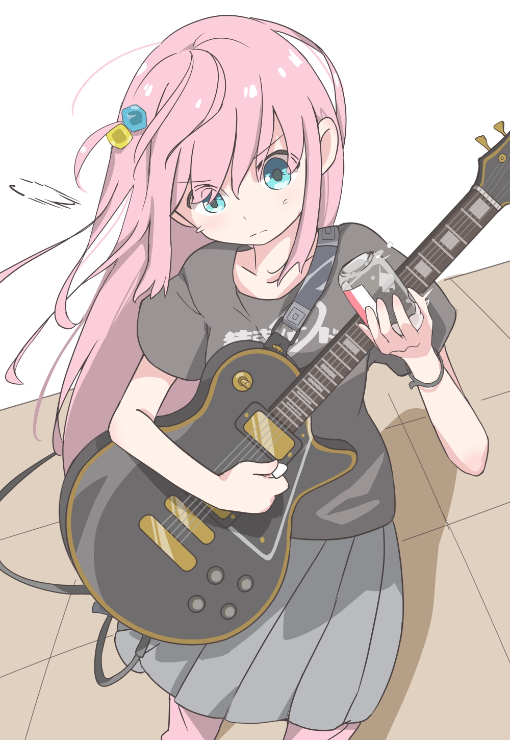 1girl, black_shirt, bocchi_the_rock!, cube_hair_ornament, electric_guitar, gibson_les_paul, gotoh_hitori, grey_skirt