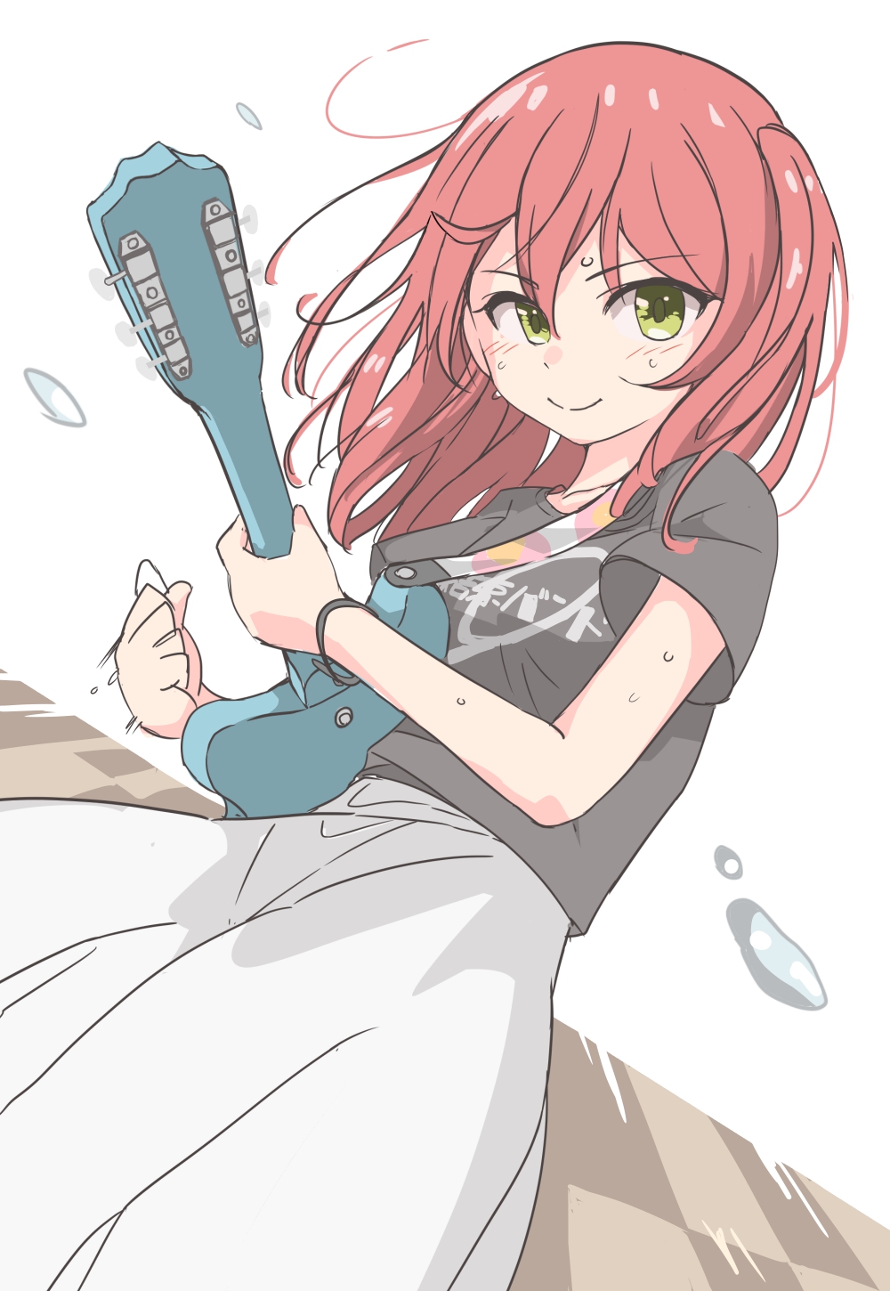 1girl, black_shirt, blush, bocchi_the_rock!, electric_guitar, gibson_les_paul, green_eyes, guitar