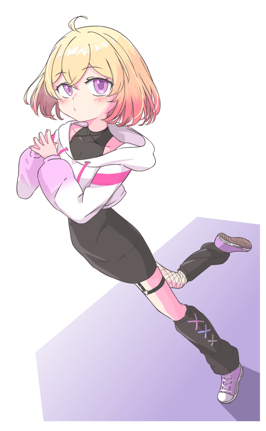 1girl, ahoge, black_dress, blonde_hair, character_request, copyright_request, dress, fishnet_thighhighs