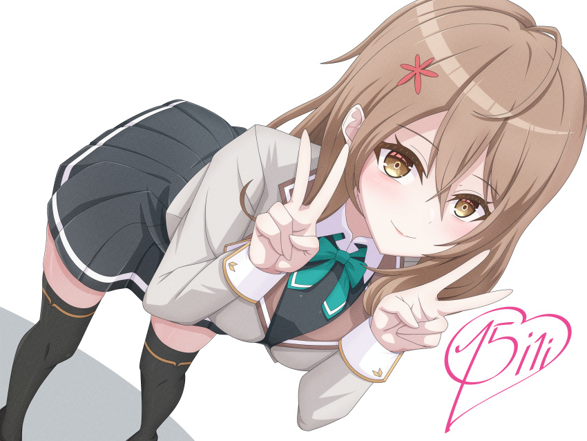 1girl, absurdres, anime_coloring, aqua_bow, aqua_bowtie, arm_behind_back, black_skirt, black_thighhighs