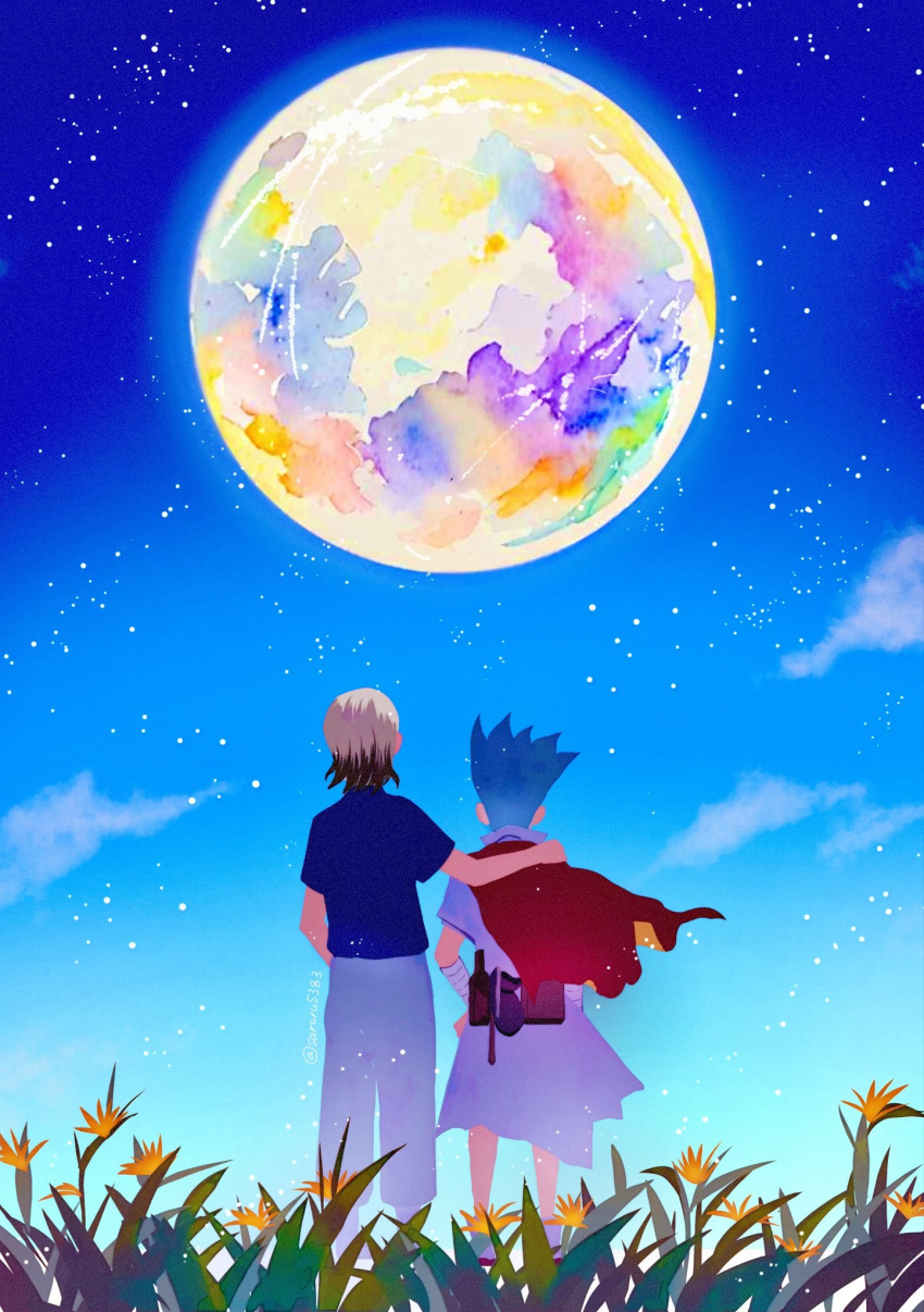 artemis_program, commentary_request, dr._stone, father_and_child, father_and_son, full_moon, highres, ishigami_byakyuya