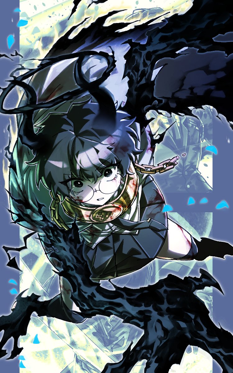 1girl, black_cape, black_claws, black_eyes, black_hair, black_halo, black_hands, black_horns