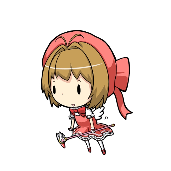 bow, brown_hair, card_captor_sakura, cardcaptor_sakura, chibi, child, dress, flying, frills, hat, kinomoto_sakura, potaaju, simple_background, solo, staff, white_legwear, wings