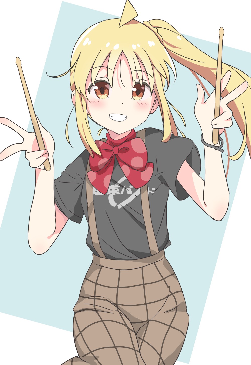 1girl, ahoge, black_shirt, blonde_hair, bocchi_the_rock!, border, bow, commentary_request