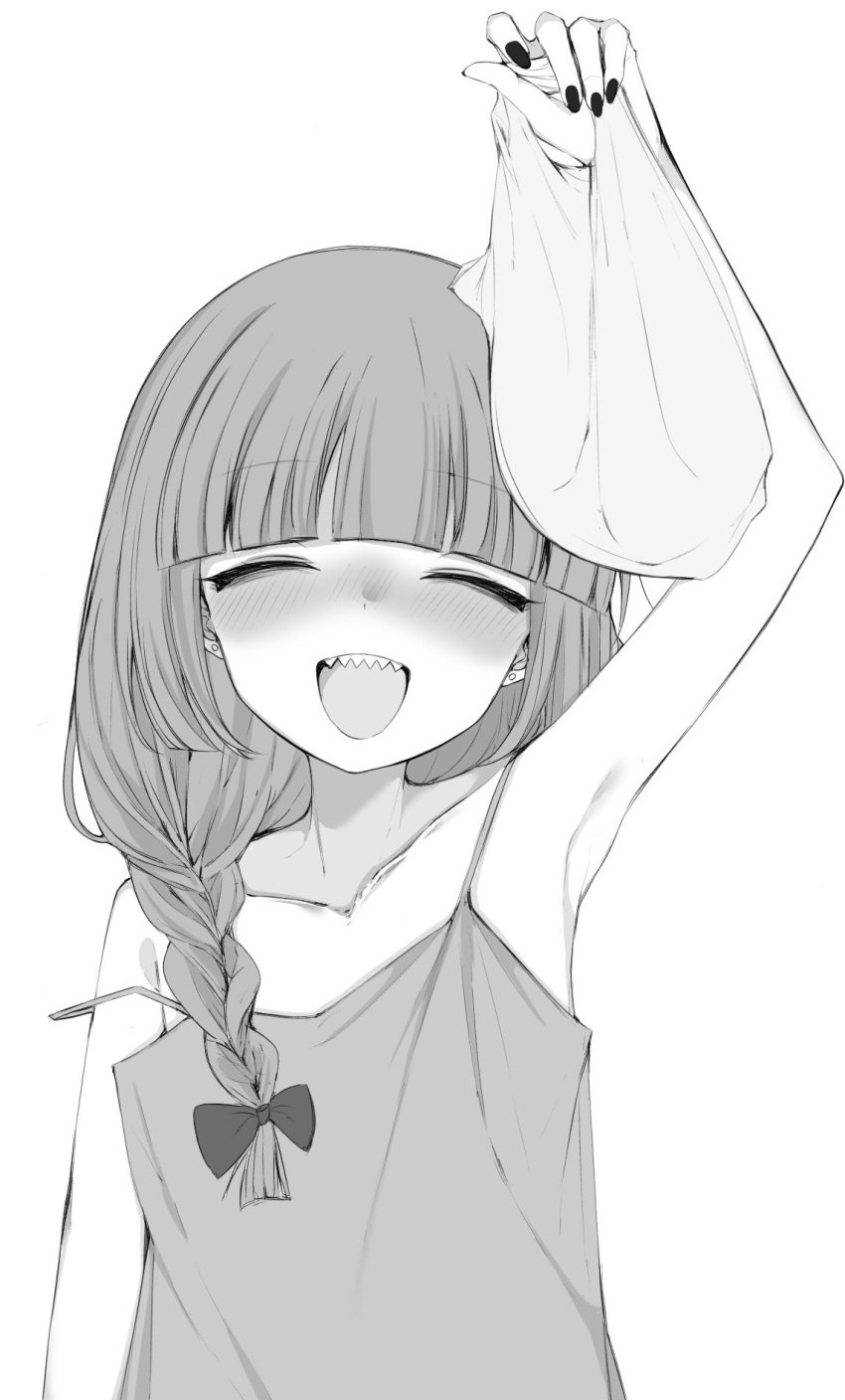 1girl, arm_up, armpits, bag, bare_shoulders, blunt_bangs, blush, bocchi_the_rock!
