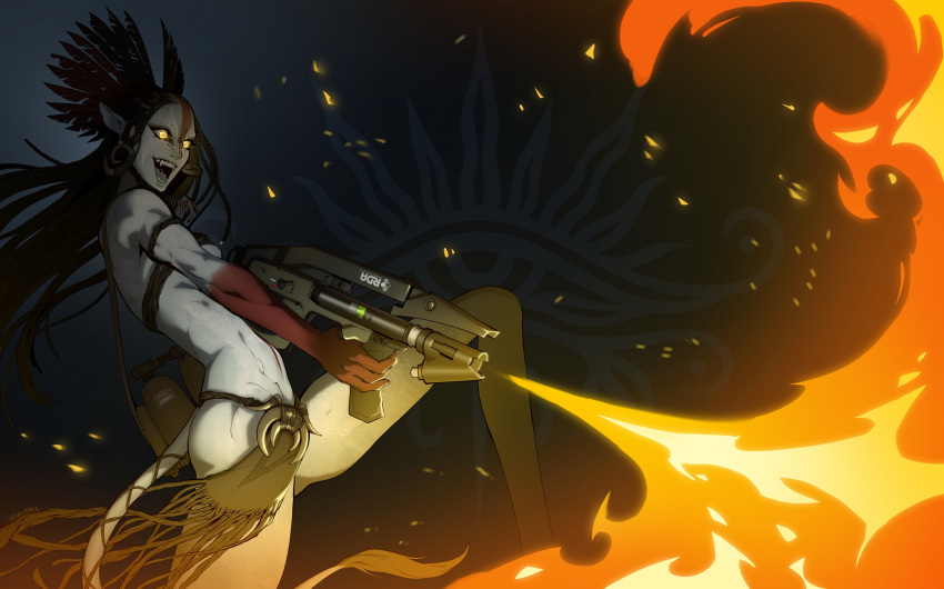 1girl, absurdres, alien, animal_ears, avatar:_fire_and_ash, black_hair, black_loincloth, black_tube_top, blue_skin, breasts, cat_ears, cat_tail, colored_skin, commentary, commission, earrings, english_commentary, fangs, fire, firing, flamethrower, glowing, glowing_eyes, headdress, highres, holding, holding_weapon, hoop_earrings, james_cameron's_avatar, jewelry, kokobael, leg_up, long_hair, na'vi, native_american_clothes, native_american_headdress, necklace, night, open_mouth, small_breasts, solo, strapless, tail, toned, toned_female, tooth_necklace, tube_top, varang, war_paint, weapon, yellow_eyes