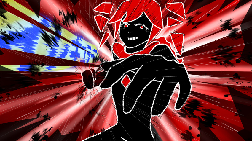 1girl, absurdres, black_skin, colored_skin, cracked_background, drill_hair, grin, hair_between_eyes