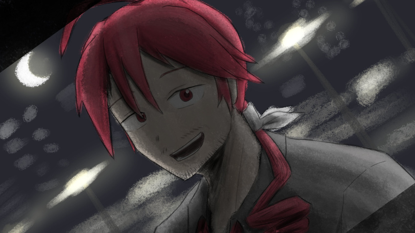 1boy, absurdres, ahoge, beard_stubble, collared_shirt, commentary_request, crescent, drill_hair, drill_ponytail, facial_hair, grey_shirt, hair_between_eyes, highres, jealousytarou, kasane_ted, lamppost, long_hair, looking_at_viewer, low_ponytail, male_focus, mustache_stubble, ponytail, red_eyes, shirt, smile, stubble, utau
