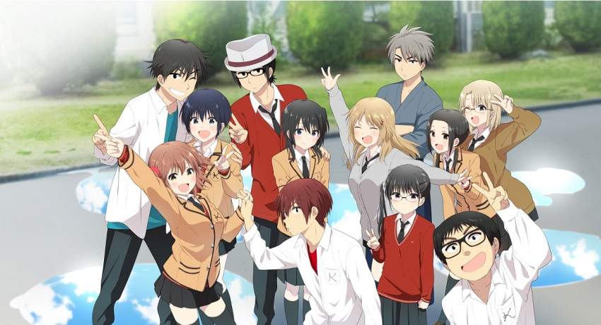 5boys, 6+girls, ;d, arm_up, black-framed_eyewear, black_hair, black_necktie, black_pants, black_skirt, black_socks, blazer, blonde_hair, blue_shirt, breasts, brown_cardigan, brown_hair, cardigan, chiba_shinichi_(rivnes), closed_mouth, commentary_request, crossed_arms, doumoto_yuuki, expressionless, glasses, gotou_takaya, grey_cardigan, grey_hair, grey_shirt, grin, hashimoto_minami, hat, holding_hands, horikawa_(rivnes), index_finger_raised, inoguchi_noriko, jacket, kaidou_kasumi, kaidou_tetsurou, long_hair, looking_at_viewer, matsuda_satoshi, medium_breasts, minazuki_makoto_(rivnes), miyako_(rivnes), multiple_boys, multiple_girls, nanase_shouta, necktie, one_eye_closed, open_clothes, open_mouth, open_shirt, orange_jacket, outdoors, pants, pleated_skirt, puddle, red_cardigan, red_hair, rivnes, saijou_asuka, school, shirt, short_hair, side_ponytail, skirt, smile, socks, translation_request, v, white_hat, white_shirt