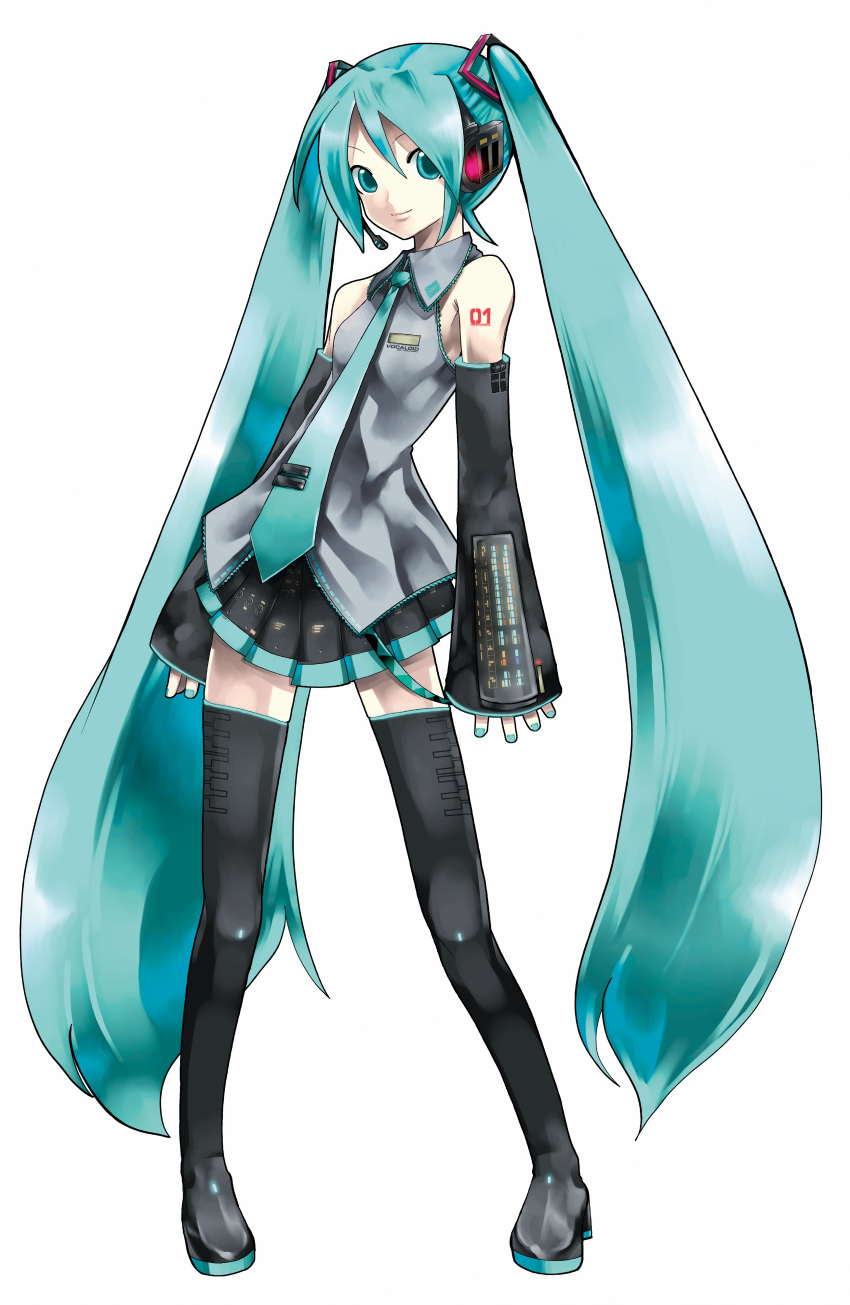 1girl, absurdly_long_hair, absurdres, aqua_eyes, aqua_frills, aqua_hair, aqua_nails, aqua_necktie, aqua_skirt, aqua_sleeve_ends, arm_tattoo, armpits, black_boots, black_skirt, black_sleeves, black_thighhighs, boots, closed_mouth, collared_shirt, detached_sleeves, full_body, grey_shirt, hatsune_miku, headphones, highres, kei_(keigarou), long_hair, looking_at_viewer, nail_polish, non-web_source, number_tattoo, skindentation, tattoo, thighhighs, twintails, two-tone_skirt, vocaloid, white_background, zettai_ryouiki