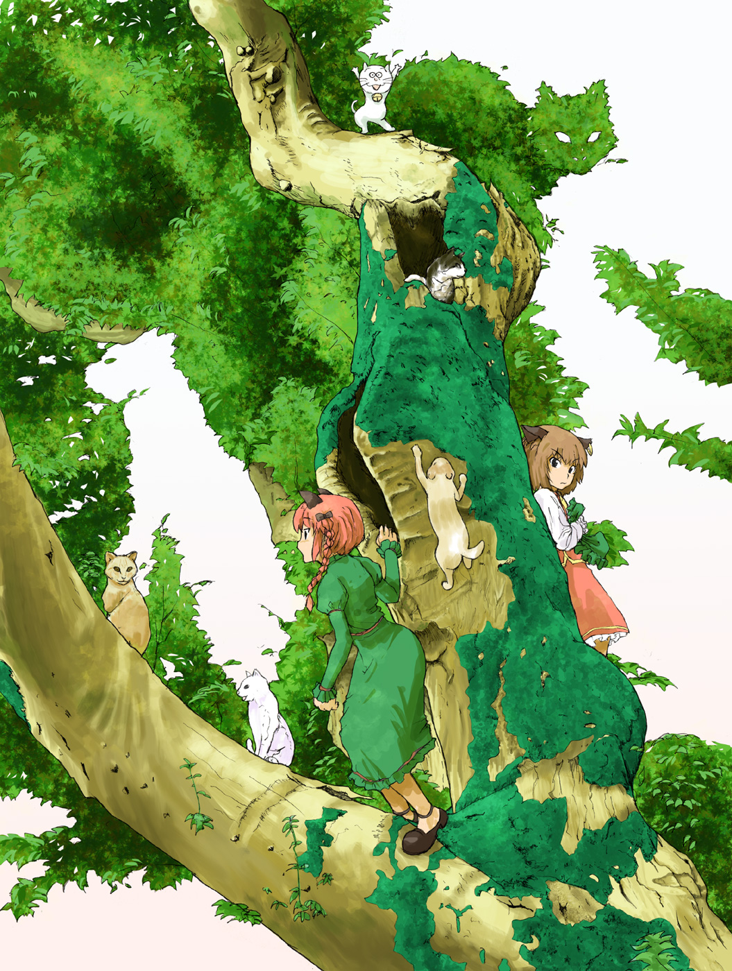 animal_ears, black_eyes, braid, brown_hair, cat, cat_ears, cat_tail, chen, climbing, earrings, hat, hat_removed, headwear_removed, highres, jewelry, kaenbyou_rin, leaf, moss, multiple_girls, nature, red_hair, redhead, sazae-san, shamucchi, short_hair, simple_background, single_earring, tail, tama_(cat), tama_(sazae-san), touhou, tree, twin_braids, when_you_see_it