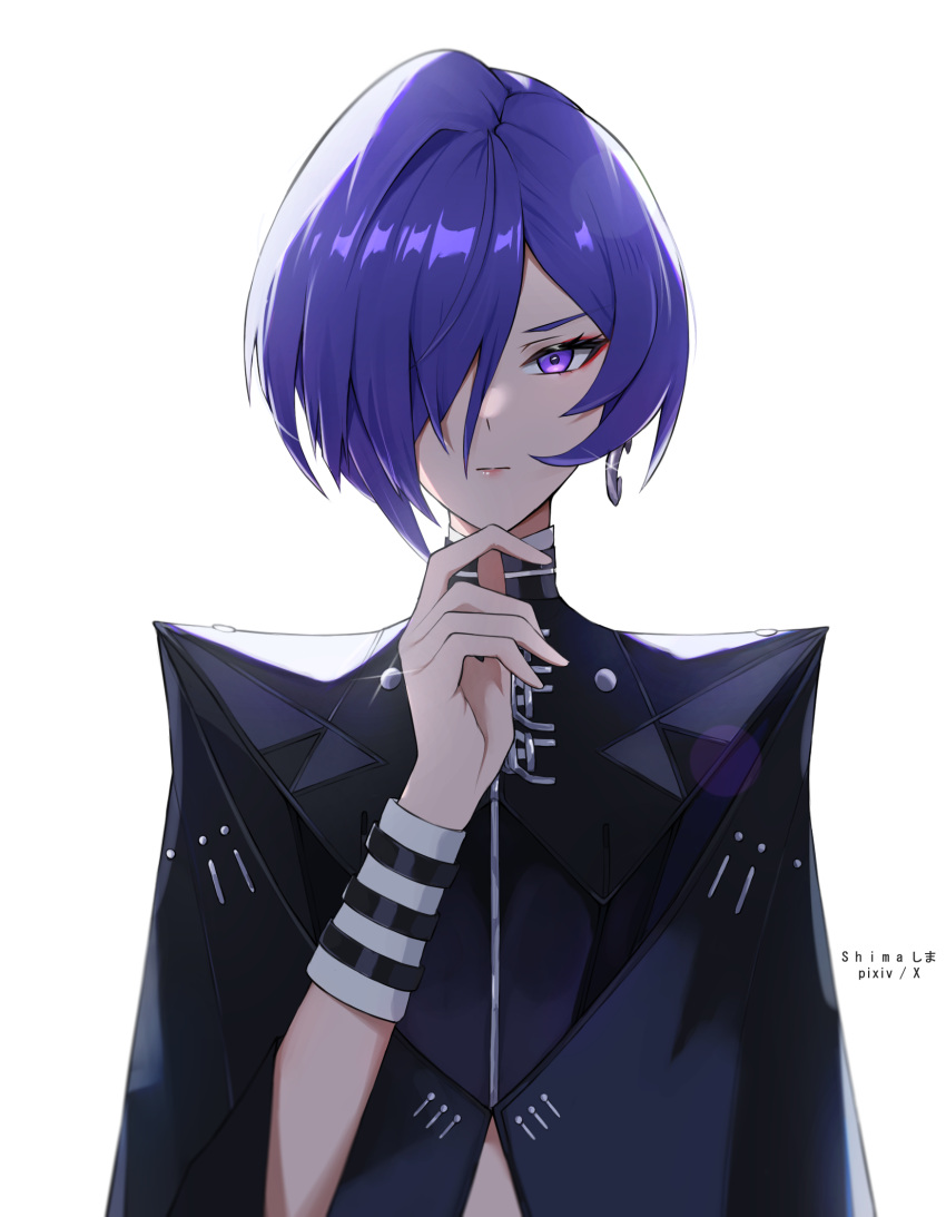1girl, blue_cloak, cloak, closed_mouth, commentary_request, crescent, crescent_earrings, earrings