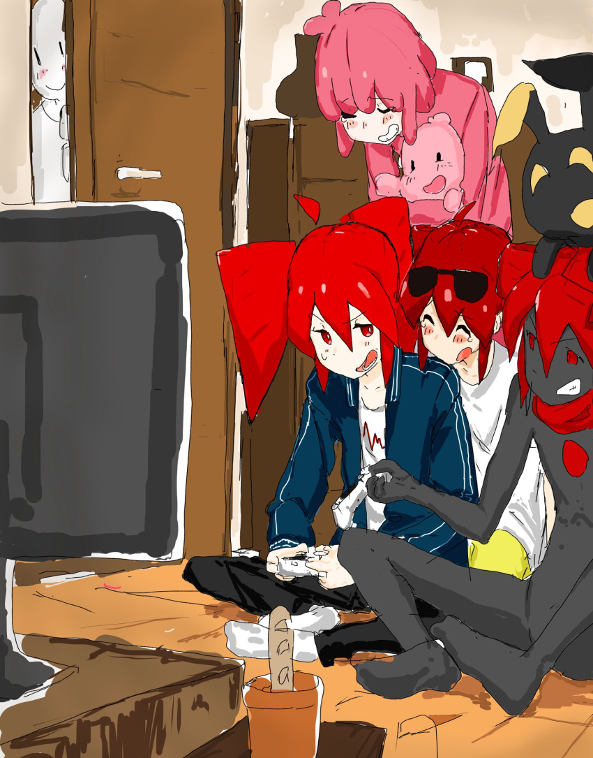 4girls, :d, ^_^, ahoge, animal_ears, antenna_hair, baguette, black_pants