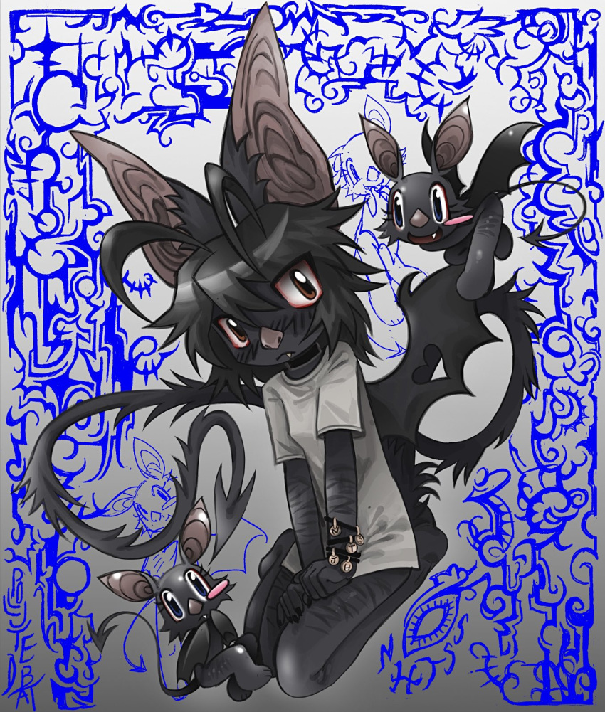 1girl, animal_ears, animal_nose, bat_ears, bat_girl, bat_nose, black_fur, black_hair, black_tail, black_wings, blush_stickers, closed_mouth, demon_tail, fang, flying, full_body, furry, furry_female, gradient_background, grey_shirt, highres, kneeling, original, polluted_bat, scar, self-harm_scar, shirt, sigil, single_blush_sticker, t-shirt, tail, wings