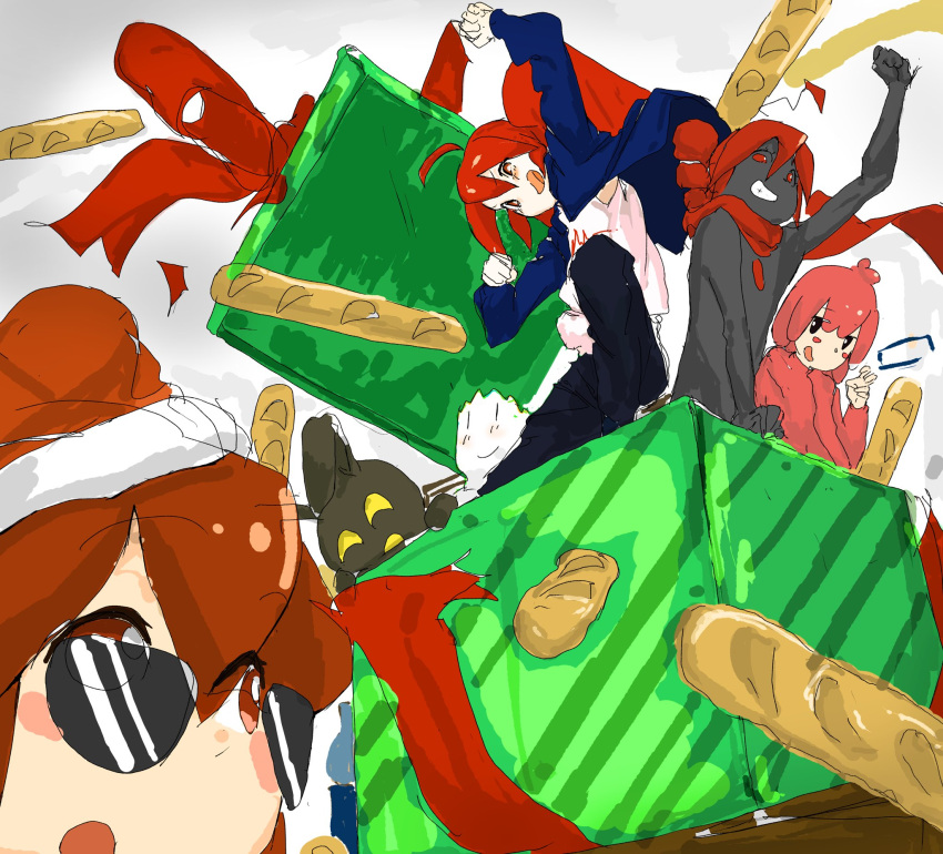 2others, 4girls, :d, animal_ears, baguette, bent_v, black_eyes, black_skin
